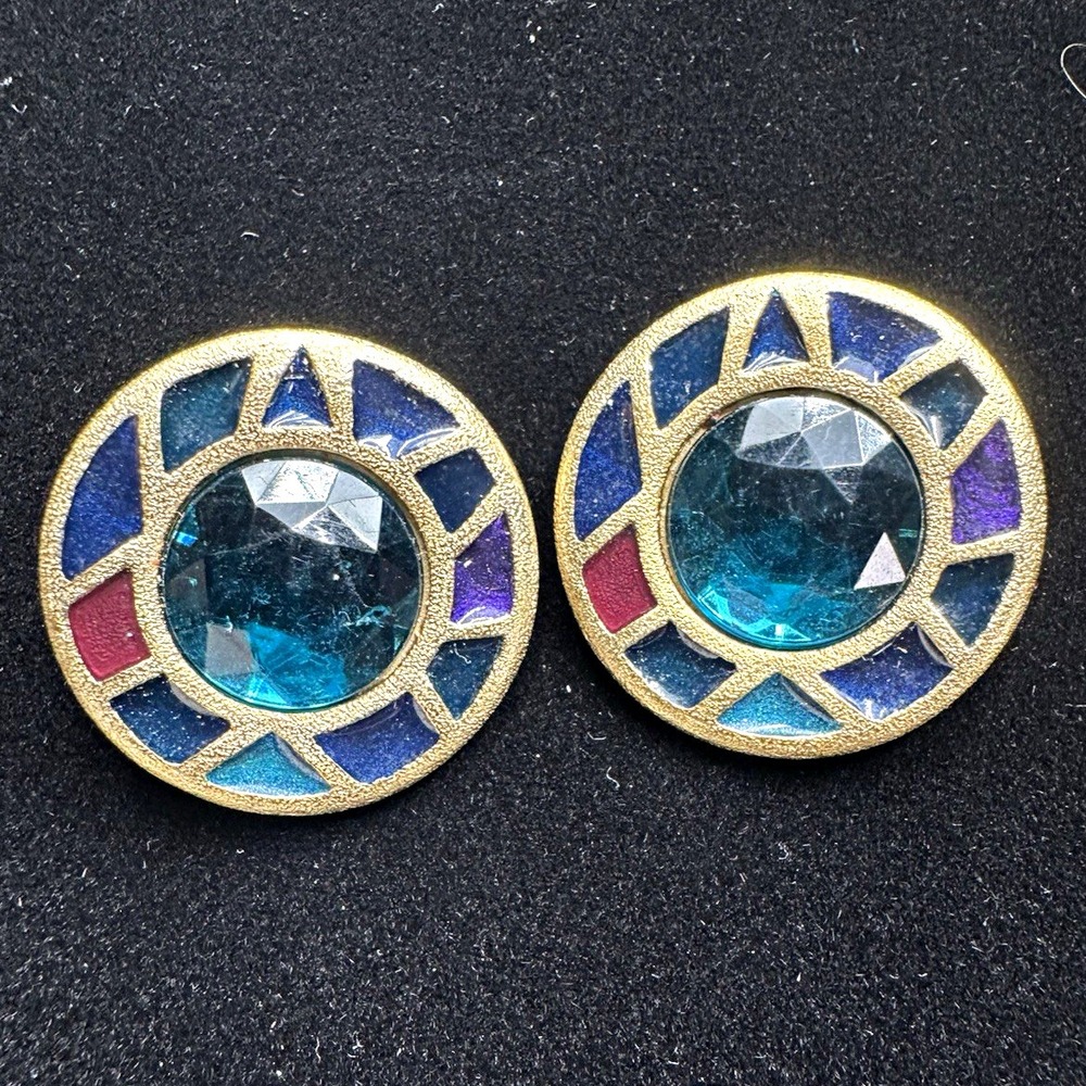gold tone enamel round blue crystal clip on earrings multicolor metal lobe